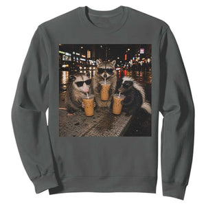 Funny Raccoon Skunk Possum Drinking Iced Coffee Sweatshirt Support Local Street Cats Retro Animal Meme