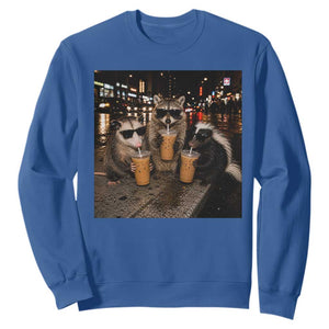 Funny Raccoon Skunk Possum Drinking Iced Coffee Sweatshirt Support Local Street Cats Retro Animal Meme