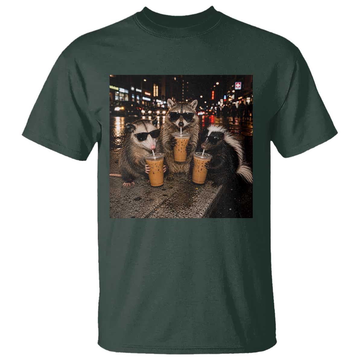 Funny Raccoon Skunk Possum Drinking Iced Coffee T Shirt Support Local Street Cats Retro Animal Meme
