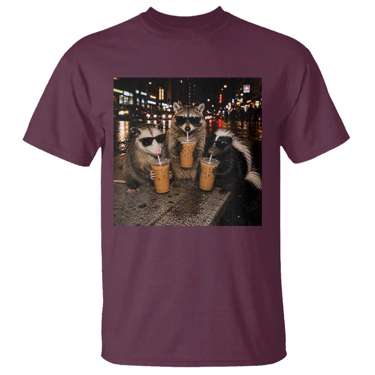 Funny Raccoon Skunk Possum Drinking Iced Coffee T Shirt Support Local Street Cats Retro Animal Meme