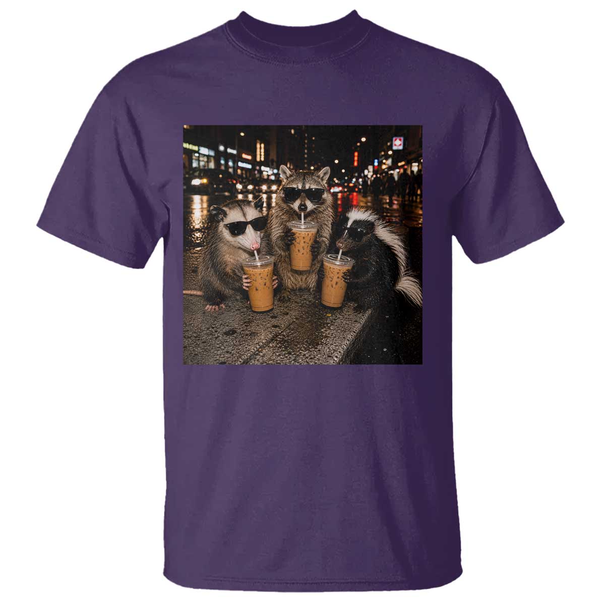 Funny Raccoon Skunk Possum Drinking Iced Coffee T Shirt Support Local Street Cats Retro Animal Meme
