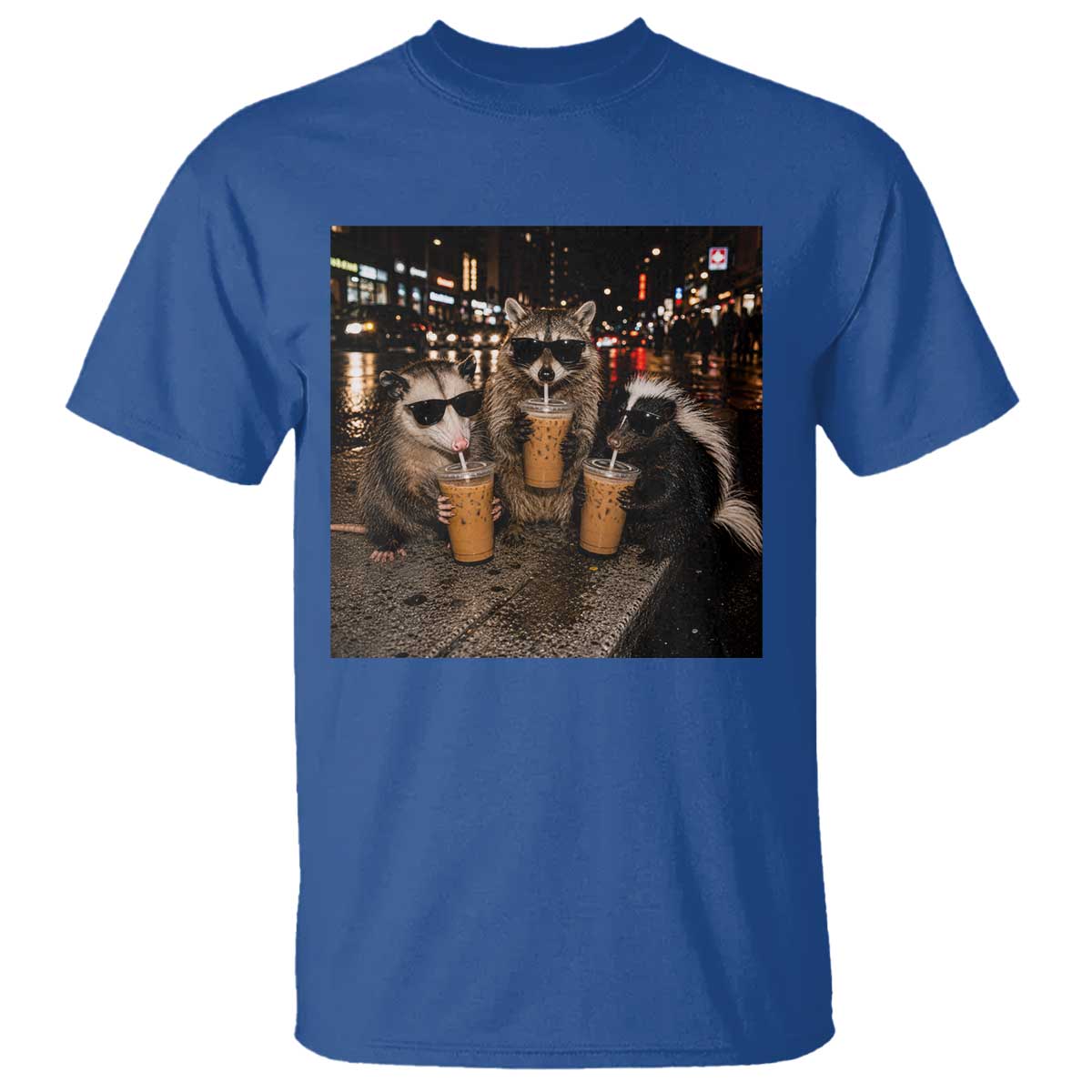 Funny Raccoon Skunk Possum Drinking Iced Coffee T Shirt Support Local Street Cats Retro Animal Meme