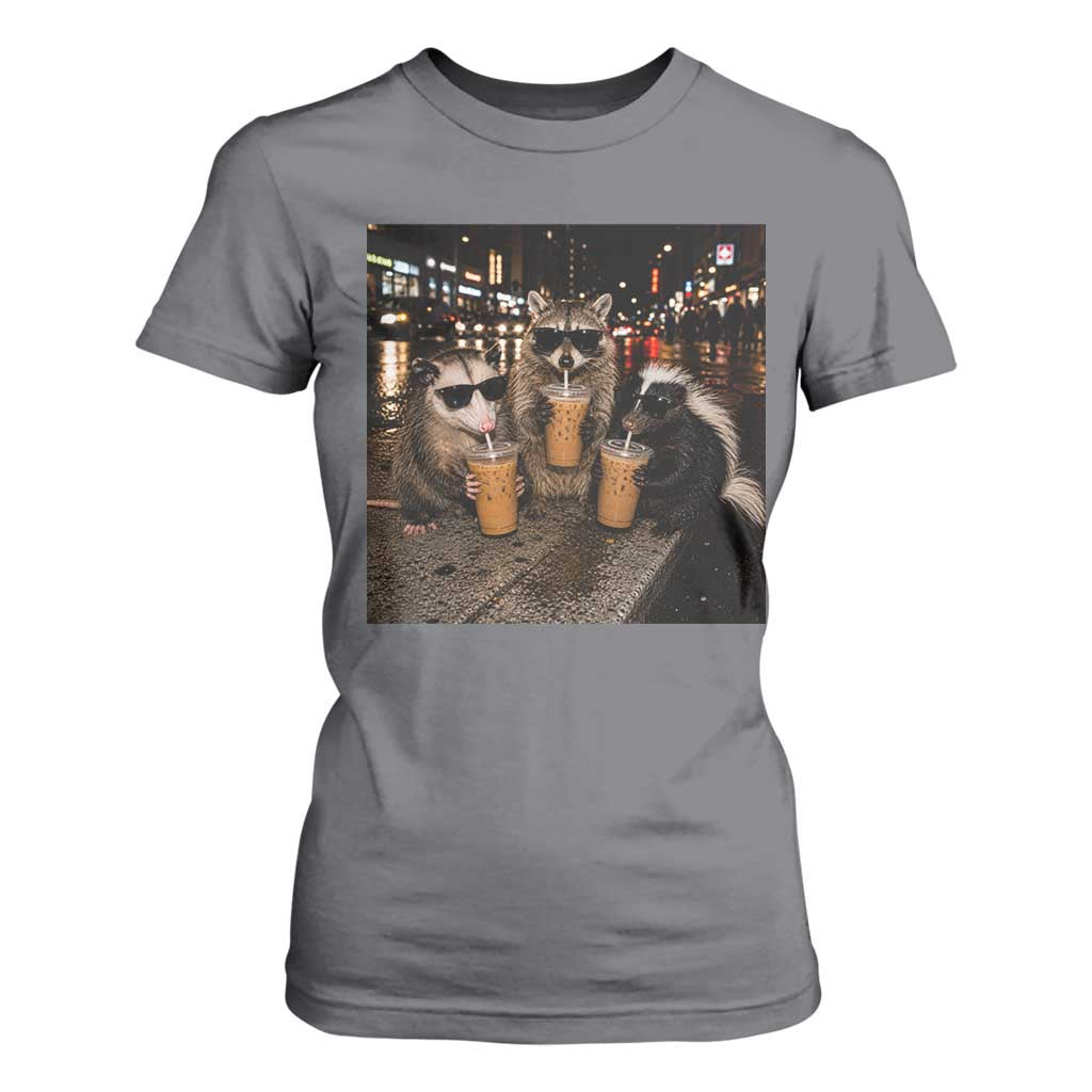 Funny Raccoon Skunk Possum Drinking Iced Coffee T Shirt For Women Support Local Street Cats Retro Animal Meme