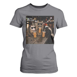 Funny Raccoon Skunk Possum Drinking Iced Coffee T Shirt For Women Support Local Street Cats Retro Animal Meme