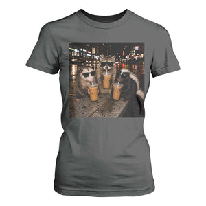 Funny Raccoon Skunk Possum Drinking Iced Coffee T Shirt For Women Support Local Street Cats Retro Animal Meme