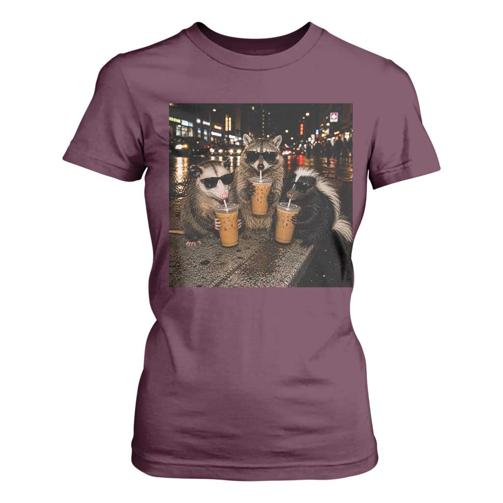 Funny Raccoon Skunk Possum Drinking Iced Coffee T Shirt For Women Support Local Street Cats Retro Animal Meme