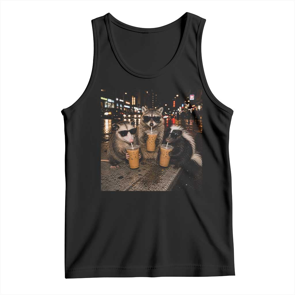 Funny Raccoon Skunk Possum Drinking Iced Coffee Tank Top Support Local Street Cats Retro Animal Meme TS10 Black Print Your Wear
