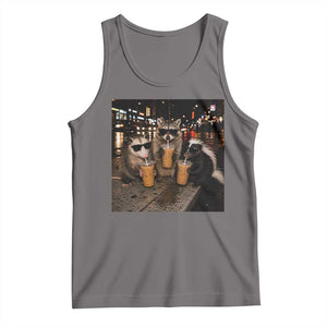 Funny Raccoon Skunk Possum Drinking Iced Coffee Tank Top Support Local Street Cats Retro Animal Meme