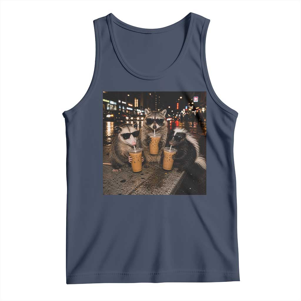 Funny Raccoon Skunk Possum Drinking Iced Coffee Tank Top Support Local Street Cats Retro Animal Meme