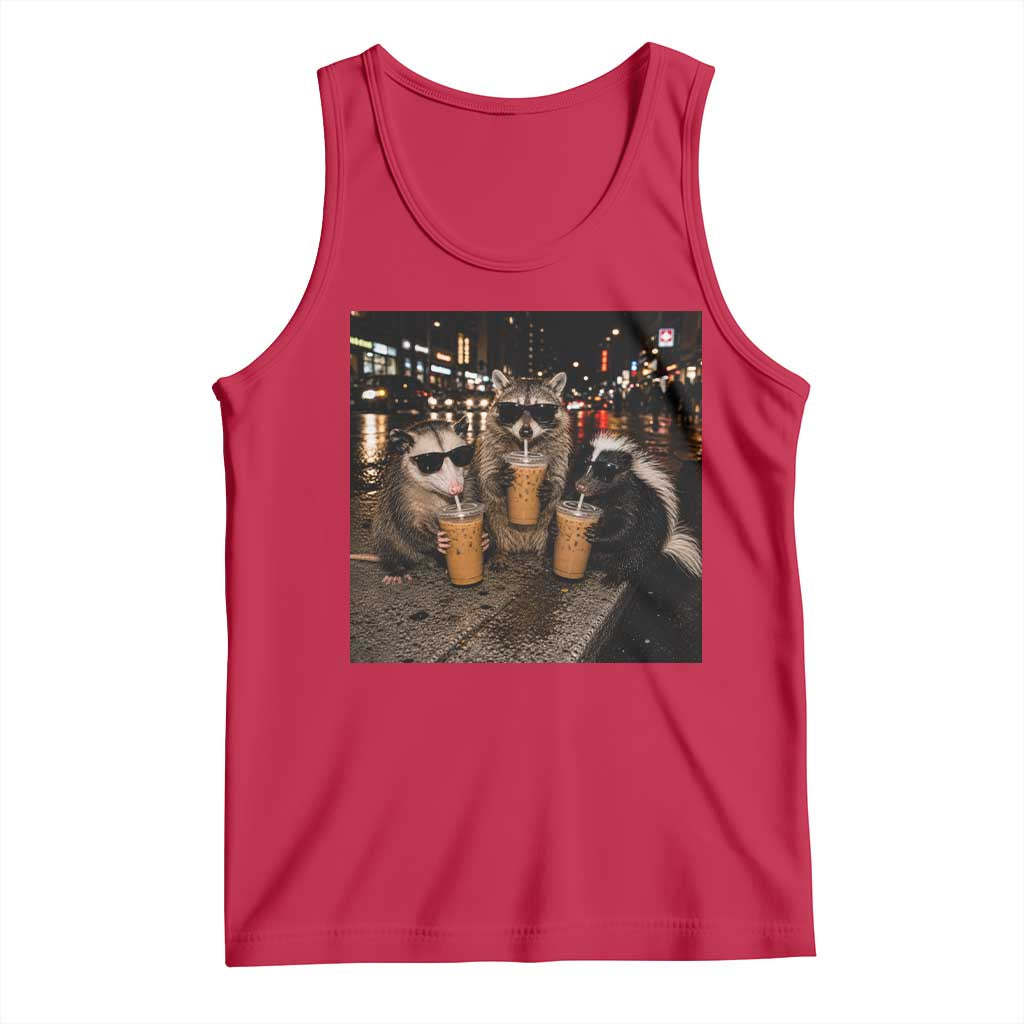 Funny Raccoon Skunk Possum Drinking Iced Coffee Tank Top Support Local Street Cats Retro Animal Meme