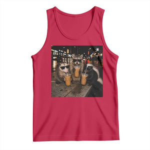 Funny Raccoon Skunk Possum Drinking Iced Coffee Tank Top Support Local Street Cats Retro Animal Meme