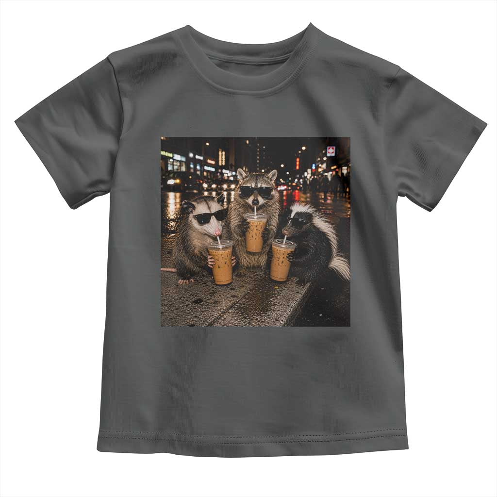 Funny Raccoon Skunk Possum Drinking Iced Coffee Toddler T Shirt Support Local Street Cats Retro Animal Meme