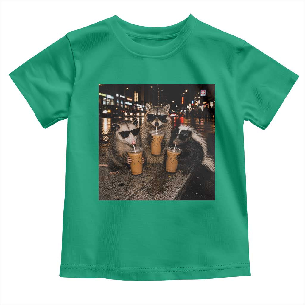 Funny Raccoon Skunk Possum Drinking Iced Coffee Toddler T Shirt Support Local Street Cats Retro Animal Meme