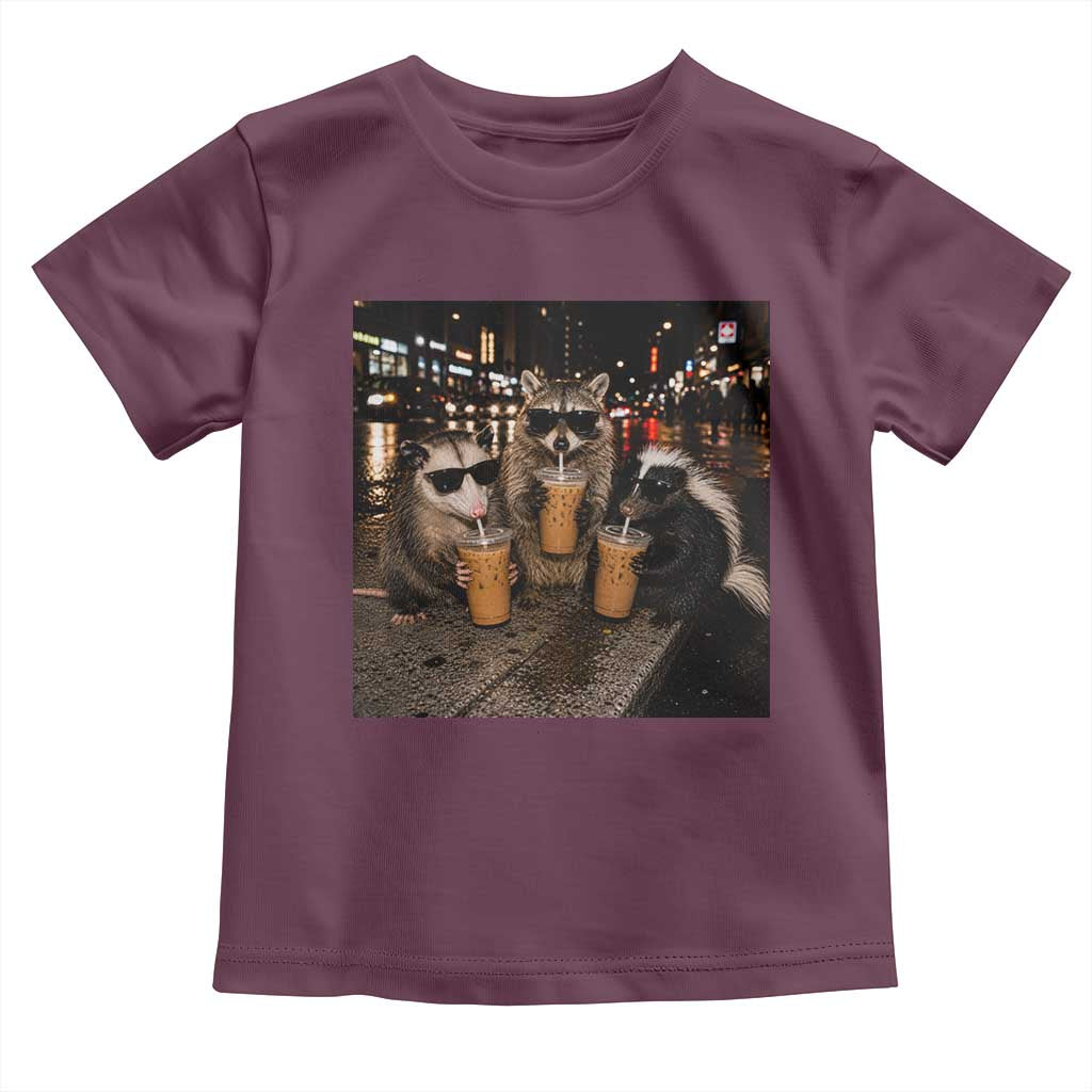 Funny Raccoon Skunk Possum Drinking Iced Coffee Toddler T Shirt Support Local Street Cats Retro Animal Meme