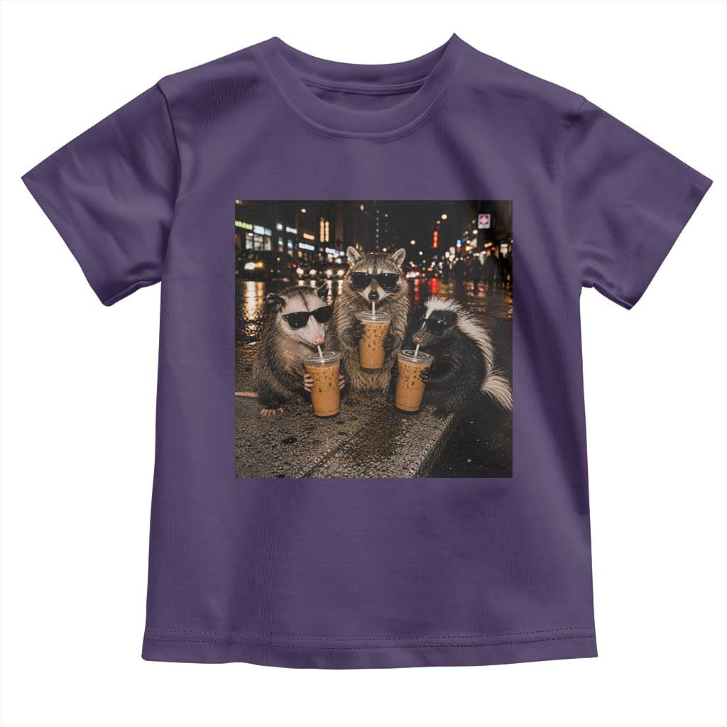 Funny Raccoon Skunk Possum Drinking Iced Coffee Toddler T Shirt Support Local Street Cats Retro Animal Meme