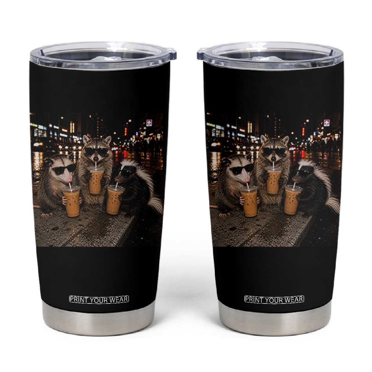 Funny Raccoon Skunk Possum Drinking Iced Coffee Tumbler Cup Support Local Street Cats Retro Animal Meme