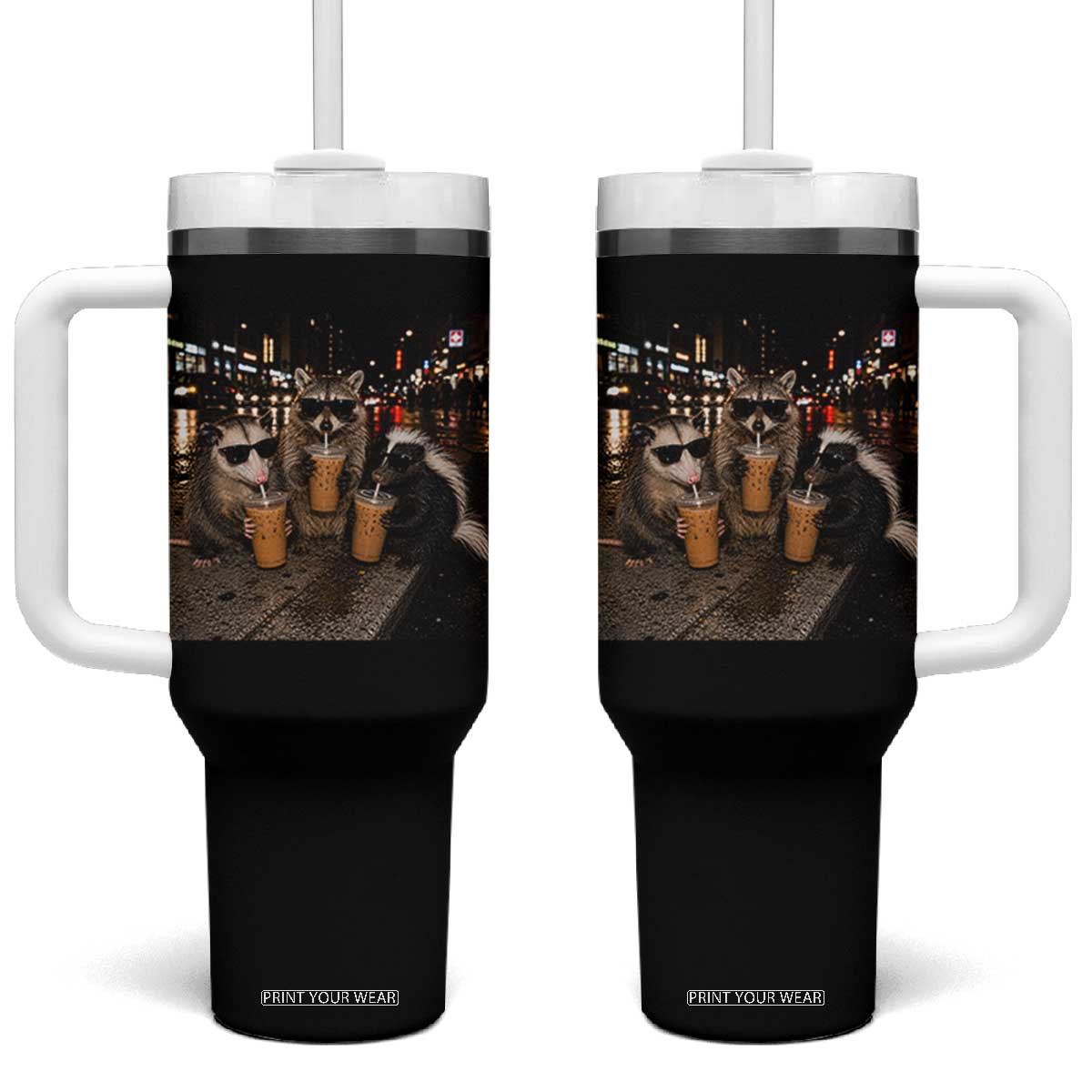 Funny Raccoon Skunk Possum Drinking Iced Coffee Tumbler With Handle Support Local Street Cats Retro Animal Meme