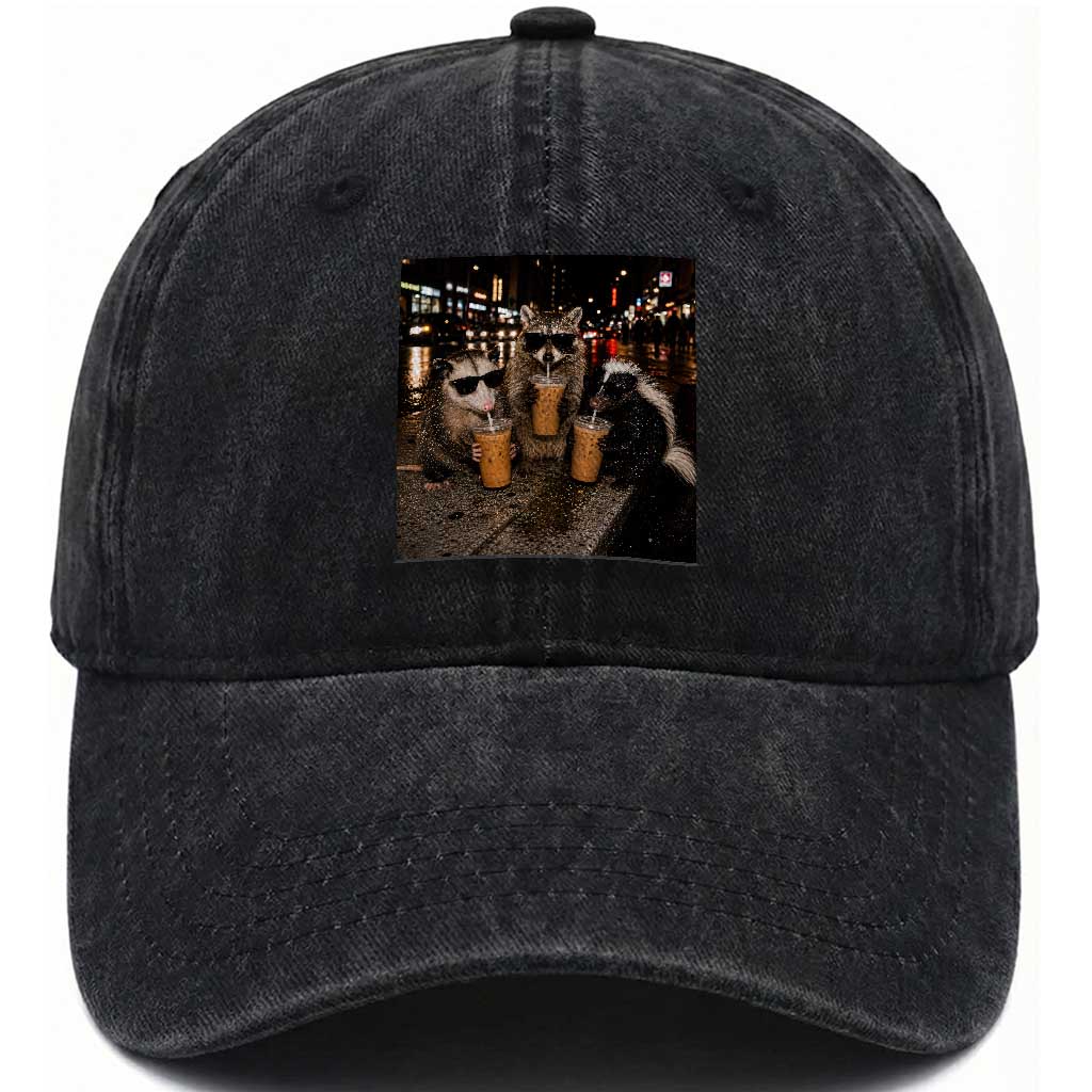 Funny Raccoon Skunk Possum Drinking Iced Coffee Washed Cotton Baseball Cap Support Local Street Cats Retro Animal Meme TS10 Print Your Wear