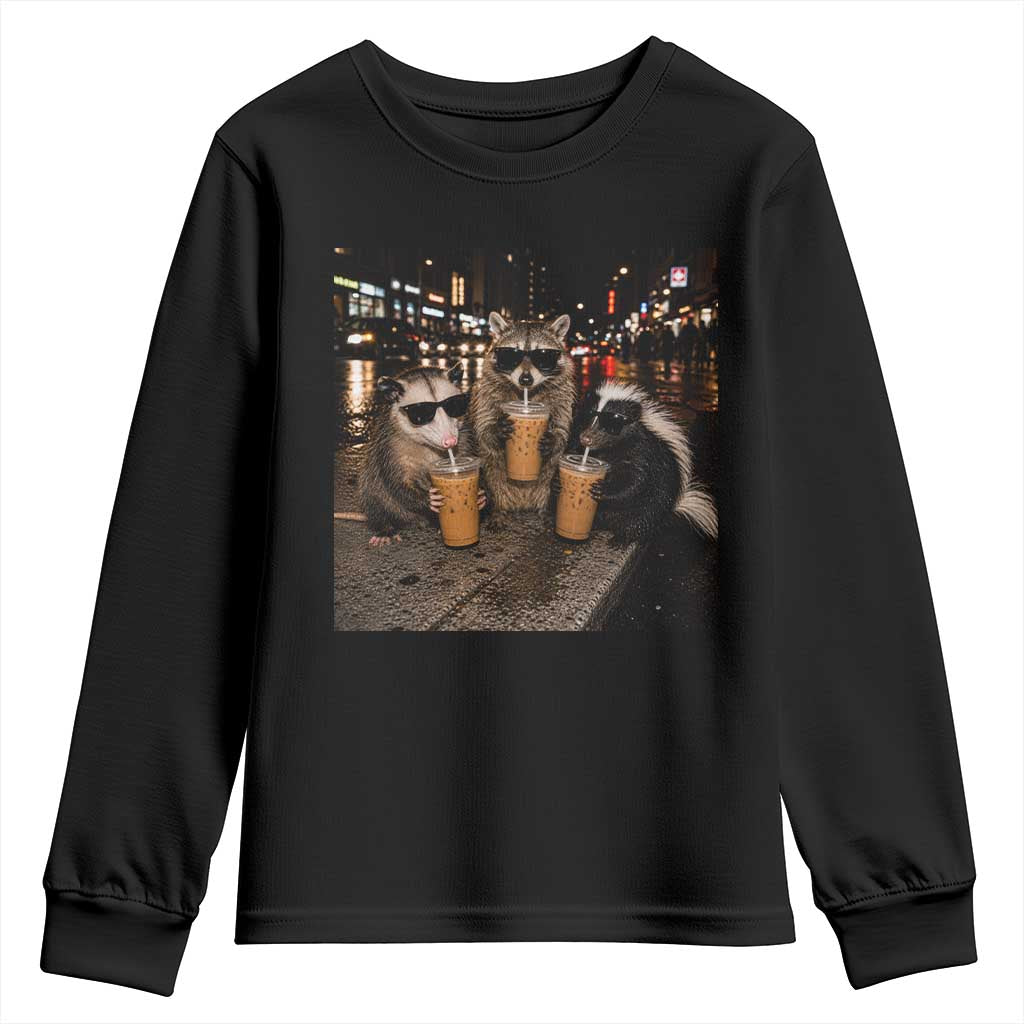 Funny Raccoon Skunk Possum Drinking Iced Coffee Youth Sweatshirt Support Local Street Cats Retro Animal Meme TS10 Black Print Your Wear