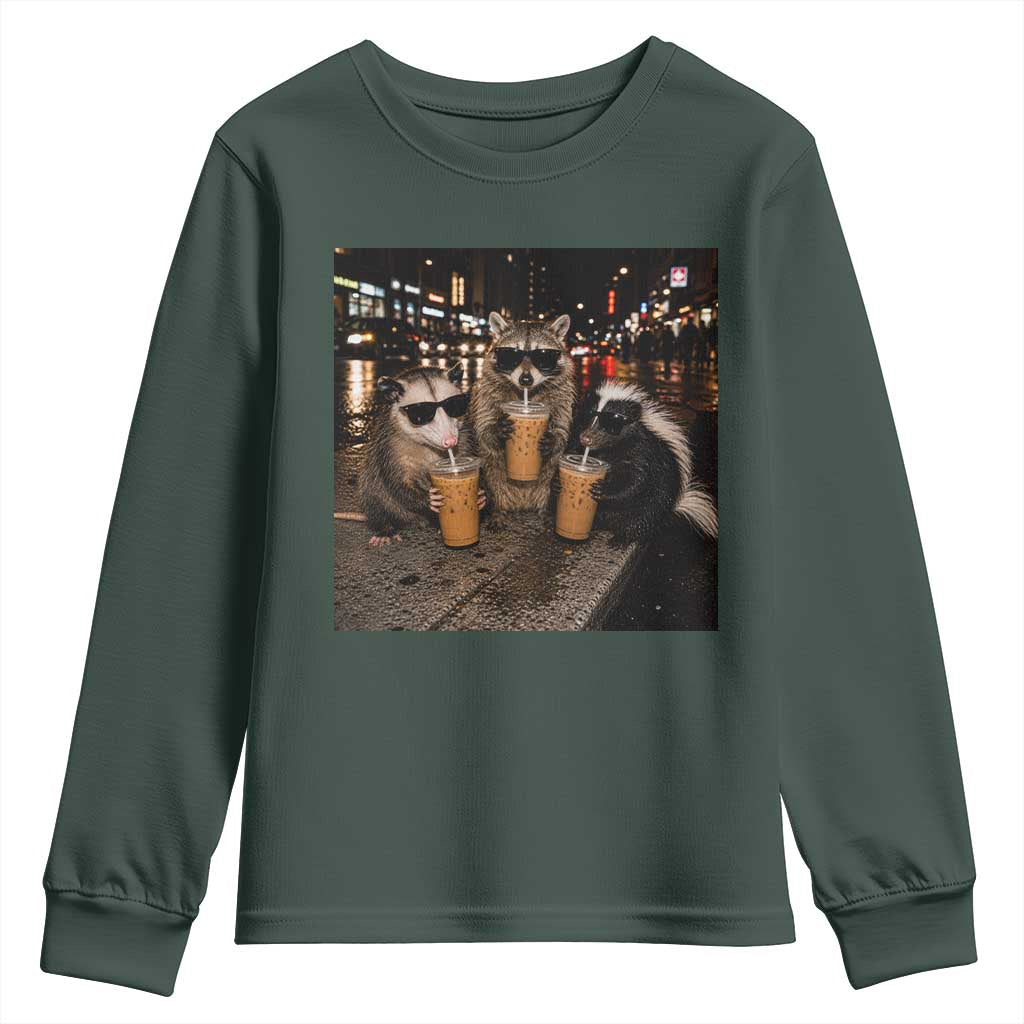 Funny Raccoon Skunk Possum Drinking Iced Coffee Youth Sweatshirt Support Local Street Cats Retro Animal Meme
