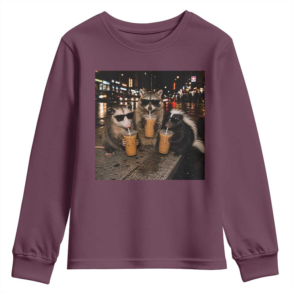 Funny Raccoon Skunk Possum Drinking Iced Coffee Youth Sweatshirt Support Local Street Cats Retro Animal Meme