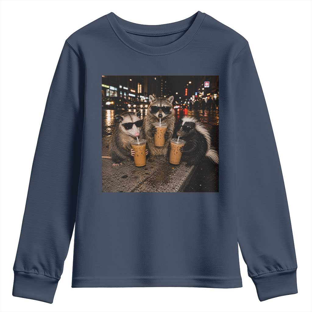 Funny Raccoon Skunk Possum Drinking Iced Coffee Youth Sweatshirt Support Local Street Cats Retro Animal Meme