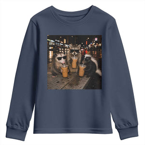 Funny Raccoon Skunk Possum Drinking Iced Coffee Youth Sweatshirt Support Local Street Cats Retro Animal Meme