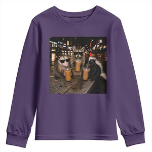 Funny Raccoon Skunk Possum Drinking Iced Coffee Youth Sweatshirt Support Local Street Cats Retro Animal Meme