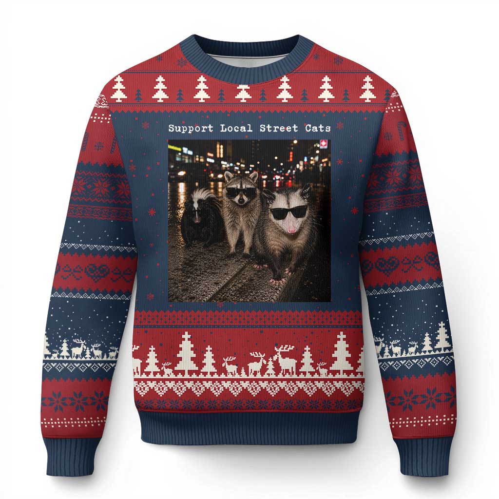 Support Local Street Cats Ugly Christmas Sweater Funny Raccoon Skunk Possum Animal Meme TS10 Navy Red Print Your Wear