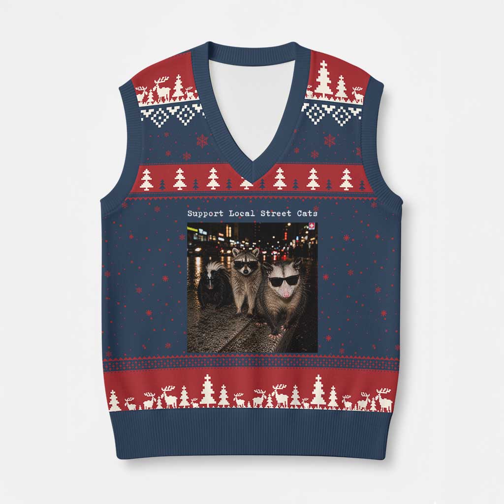 Support Local Street Cats V-Neck Knit Sweater Vest Funny Raccoon Skunk Possum Animal Meme TS10 Navy Red Print Your Wear