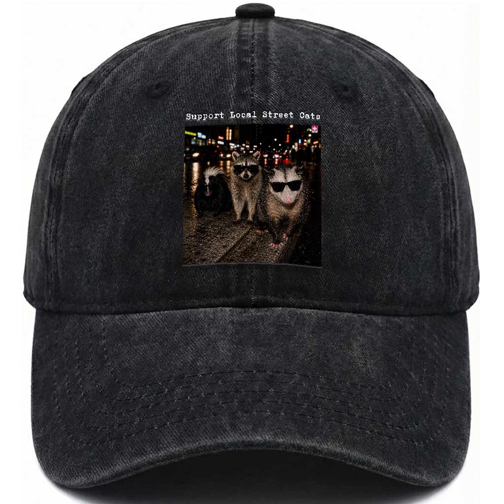 Support Local Street Cats Washed Cotton Baseball Cap Funny Raccoon Skunk Possum Animal Meme TS10 Print Your Wear