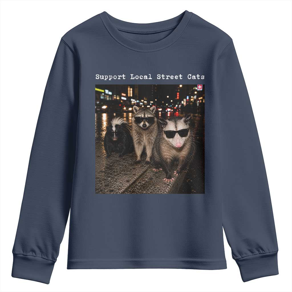Support Local Street Cats Youth Sweatshirt Funny Raccoon Skunk Possum Animal Meme