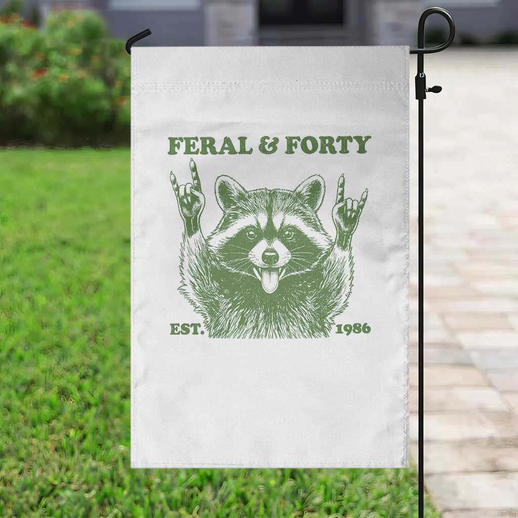Raccoon 40th Birthday Garden Flag Funny Feral And Forty Vintage 1986 40 Year Old Gift