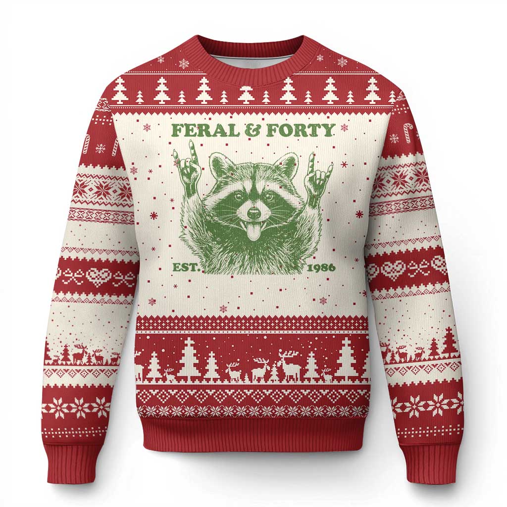 Raccoon 40th Birthday Ugly Christmas Sweater Funny Feral And Forty Vintage 1986 40 Year Old Gift TS10 Beige Red Print Your Wear