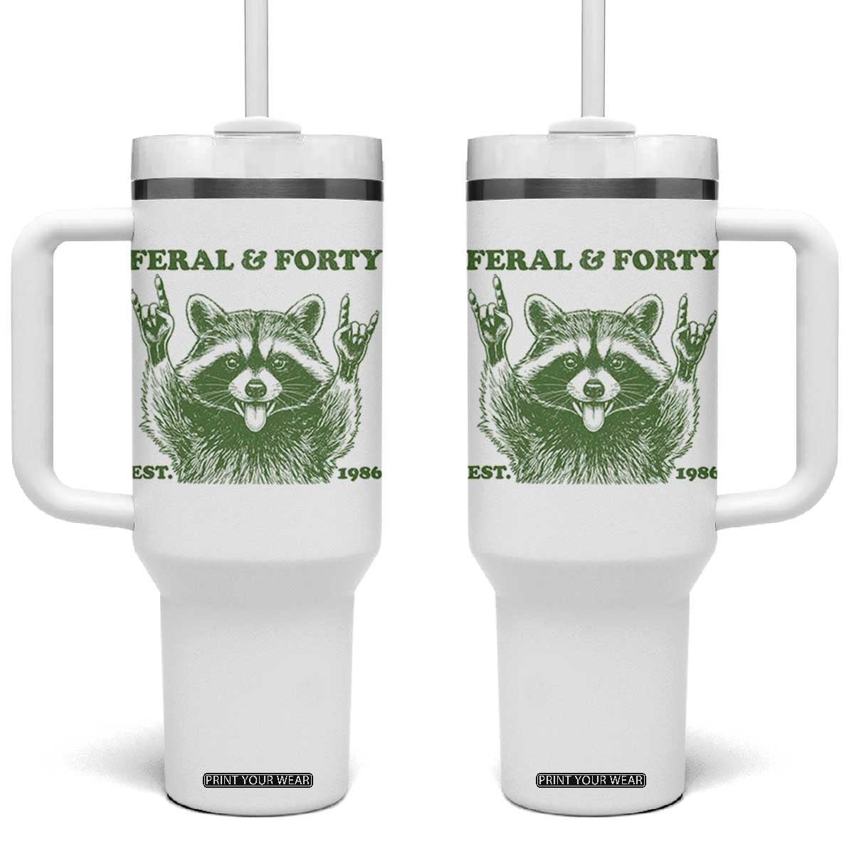 Raccoon 40th Birthday Tumbler With Handle Funny Feral And Forty Vintage 1986 40 Year Old Gift