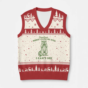 Funny Raccoon Meme V-Neck Knit Sweater Vest Sometimes When I Close My Eyes I Cant See Vintage Trash Panda