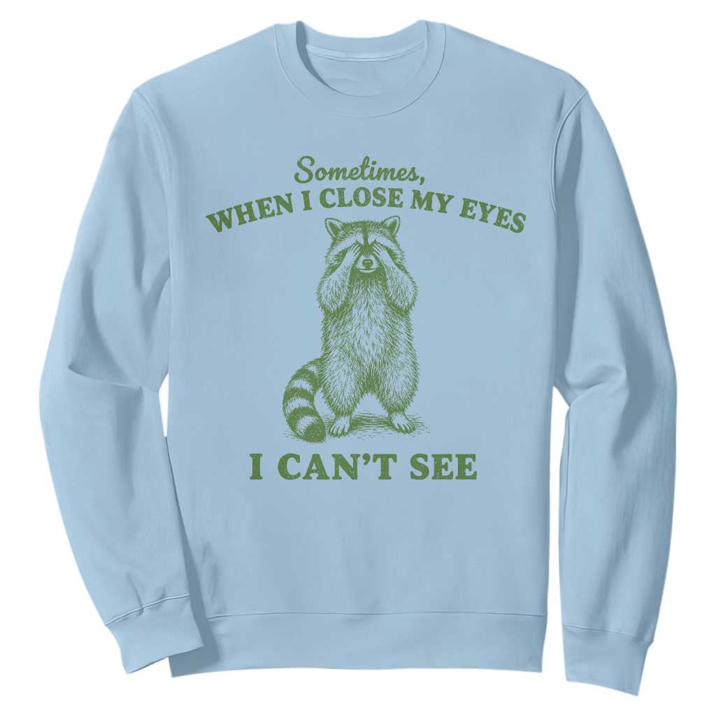 Funny Raccoon Meme Sweatshirt Sometimes When I Close My Eyes I Cant See Vintage Trash Panda