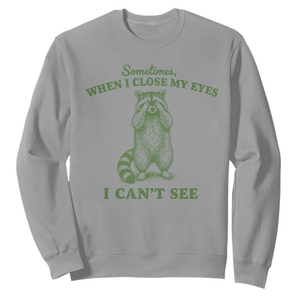 Funny Raccoon Meme Sweatshirt Sometimes When I Close My Eyes I Cant See Vintage Trash Panda
