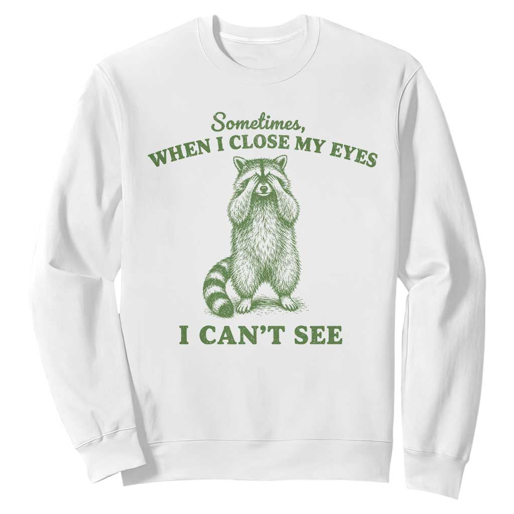 Funny Raccoon Meme Sweatshirt Sometimes When I Close My Eyes I Cant See Vintage Trash Panda