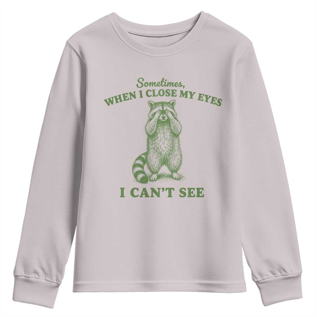 Funny Raccoon Meme Youth Sweatshirt Sometimes When I Close My Eyes I Cant See Vintage Trash Panda