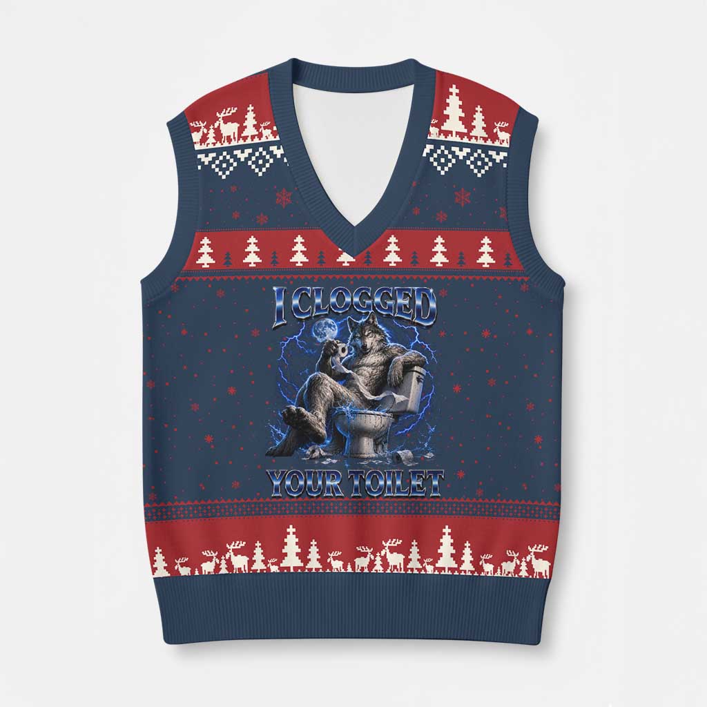 I Clogged Your Toilet Alpha Wolf Meme V-Neck Knit Sweater Vest Funny Unhinged Stupid Brainrot TS10 Navy Red Print Your Wear