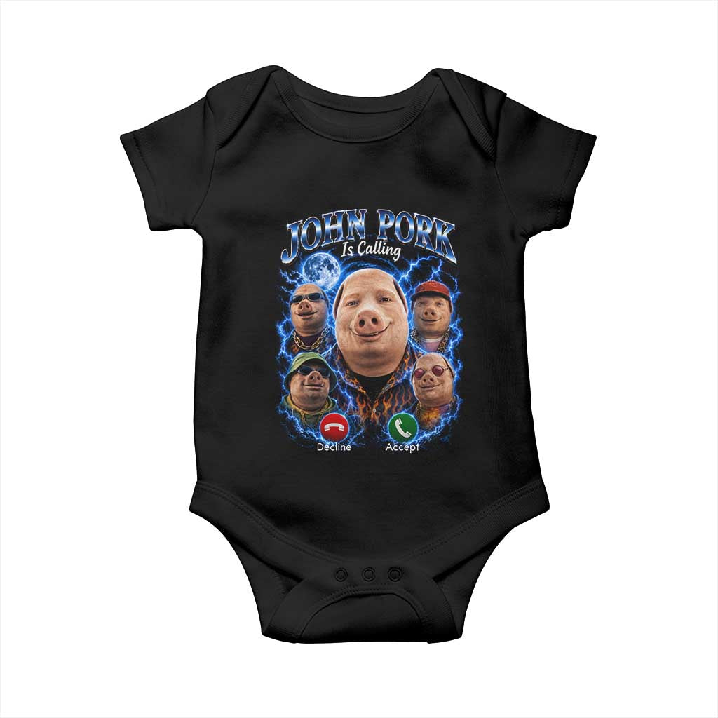 John Pork Calling Baby Onesie Funny Answer Call Phone Brainrot Meme Vintage Bootleg Graphic TS10 Black Print Your Wear