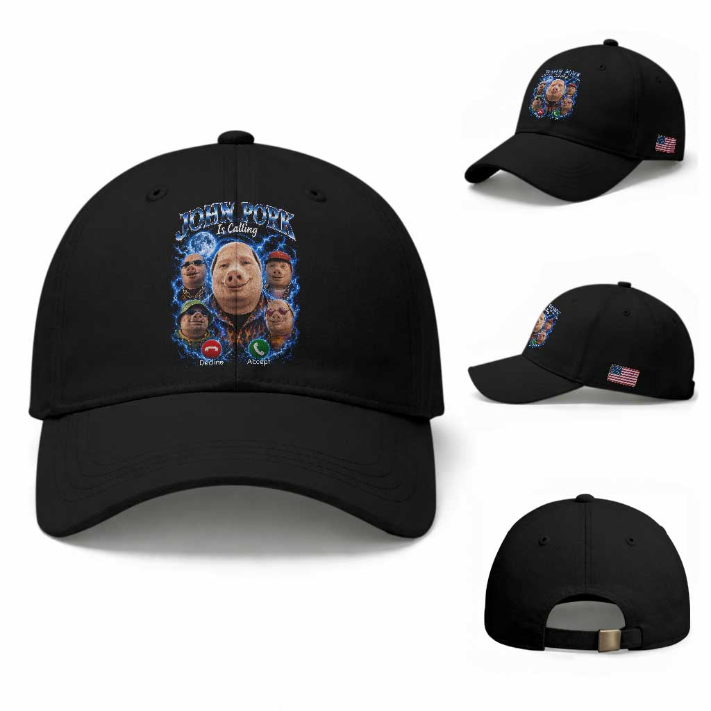John Pork Calling Baseball Cap Funny Answer Call Phone Brainrot Meme Vintage Bootleg Graphic