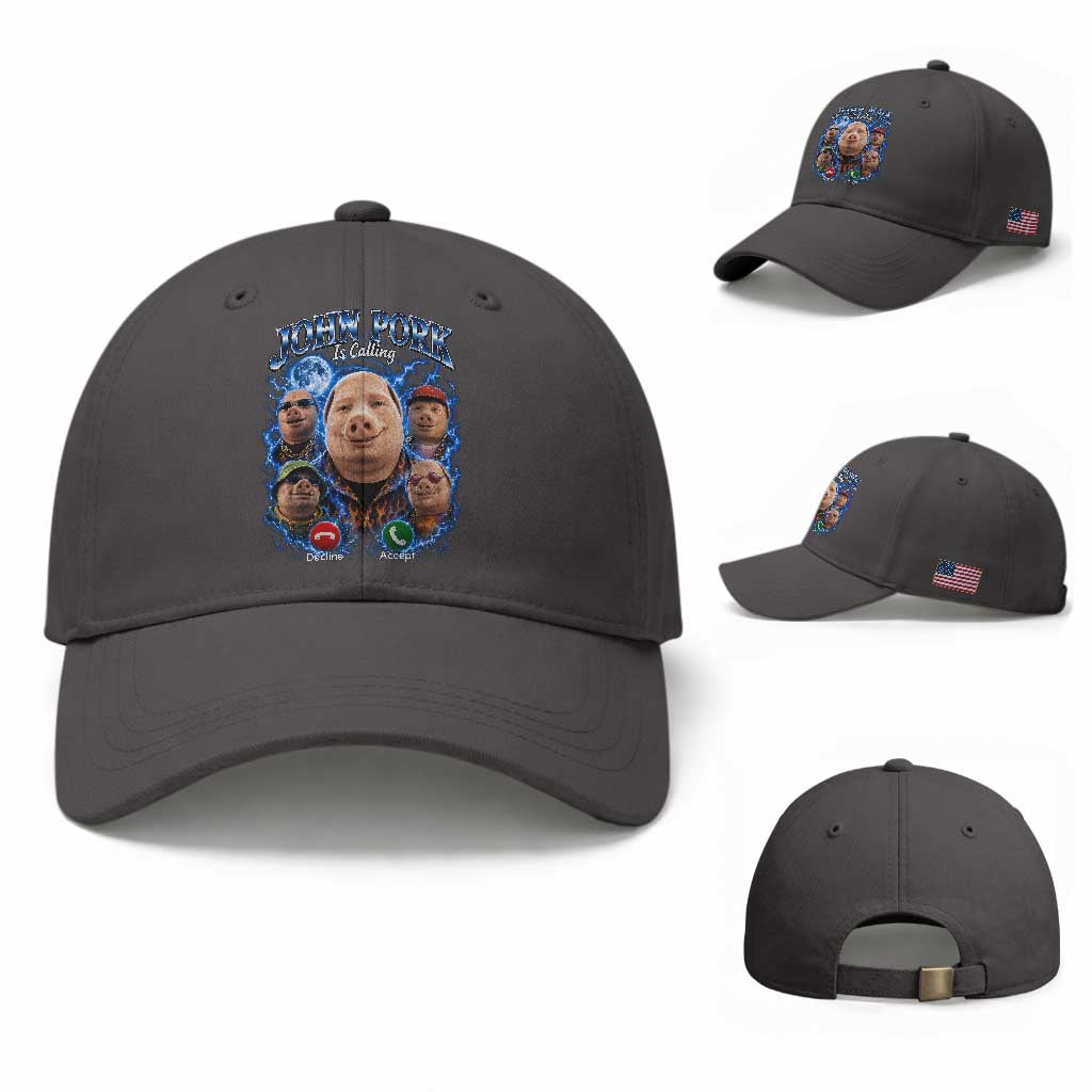 John Pork Calling Baseball Cap Funny Answer Call Phone Brainrot Meme Vintage Bootleg Graphic