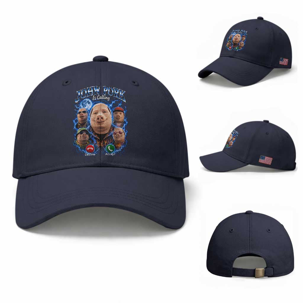 John Pork Calling Baseball Cap Funny Answer Call Phone Brainrot Meme Vintage Bootleg Graphic