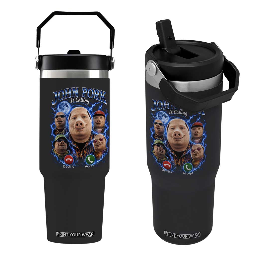 John Pork Calling Flip Straw Tumbler Funny Answer Call Phone Brainrot Meme Vintage Bootleg Graphic