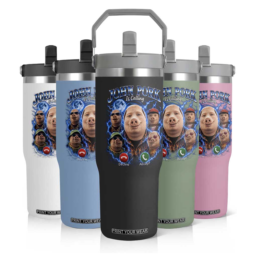 John Pork Calling Flip Straw Tumbler Funny Answer Call Phone Brainrot Meme Vintage Bootleg Graphic