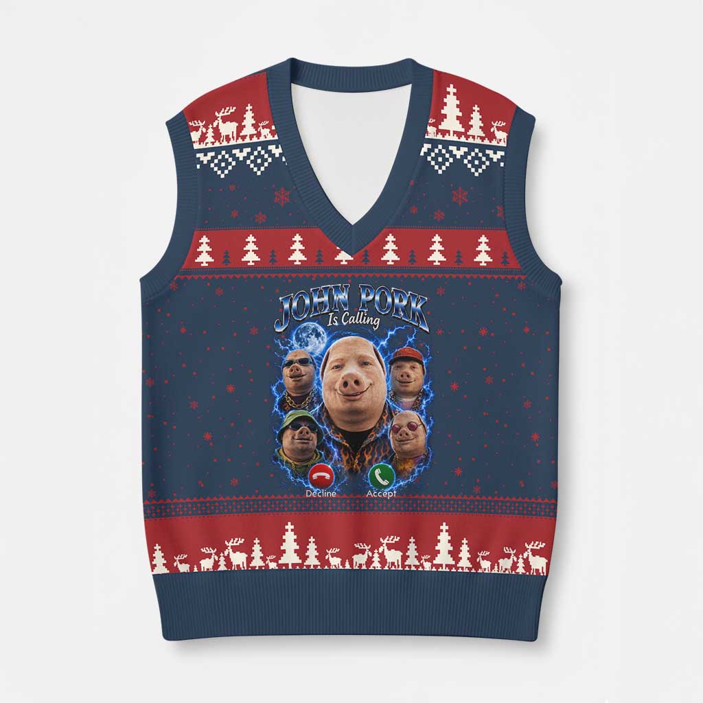 John Pork Calling V-Neck Knit Sweater Vest Funny Answer Call Phone Brainrot Meme Vintage Bootleg Graphic