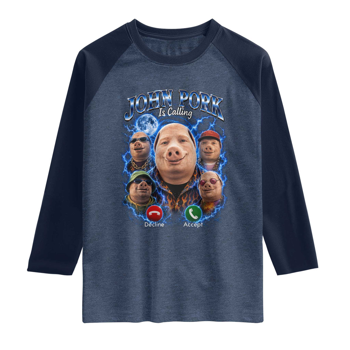 John Pork Calling Raglan Shirt Funny Answer Call Phone Brainrot Meme Vintage Bootleg Graphic