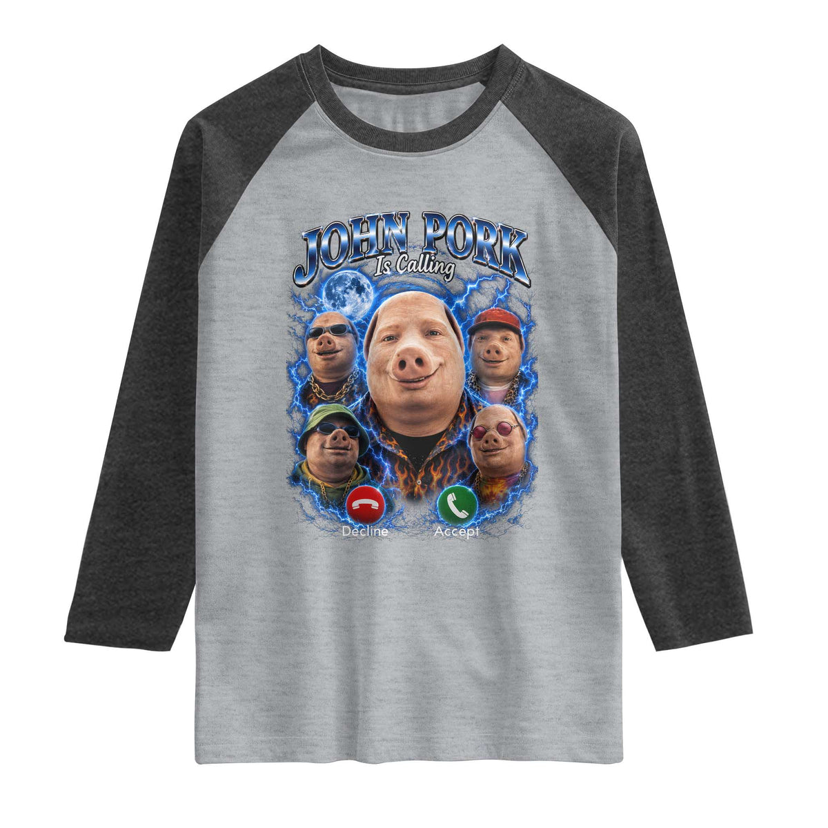 John Pork Calling Raglan Shirt Funny Answer Call Phone Brainrot Meme Vintage Bootleg Graphic